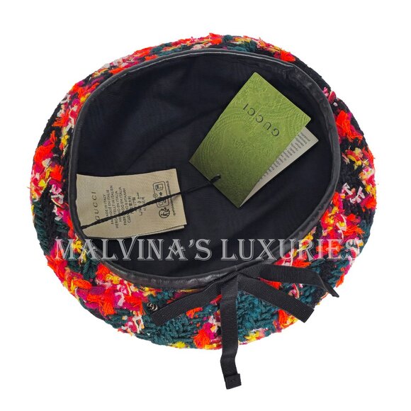 GUCCI BERET CHECK LAME TWEED WOOL BLEND HAT w G LOGO $610 sz S 56cm